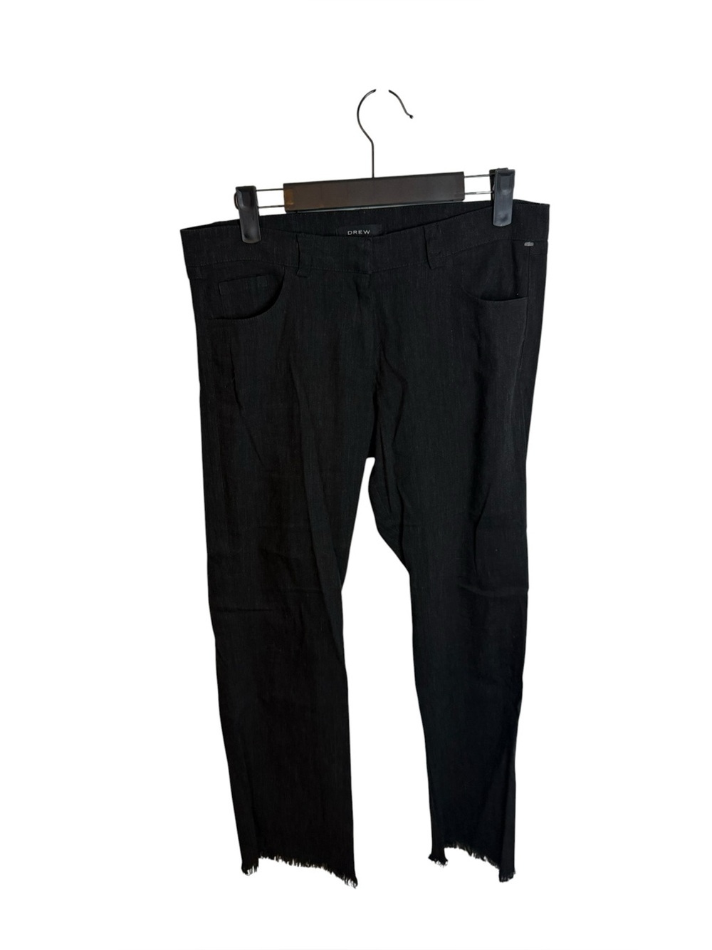 Drew Black Linen Blend Raw Hem Straight Leg Pants